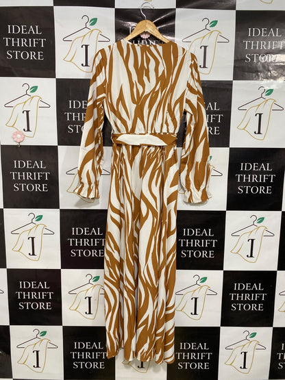 SHEIN |M| BUST 18| A43| CAMEL AND WHITE ABSTRACT ANIMAL PRINT TECHNICAL UTILITY WRAP DRESS
