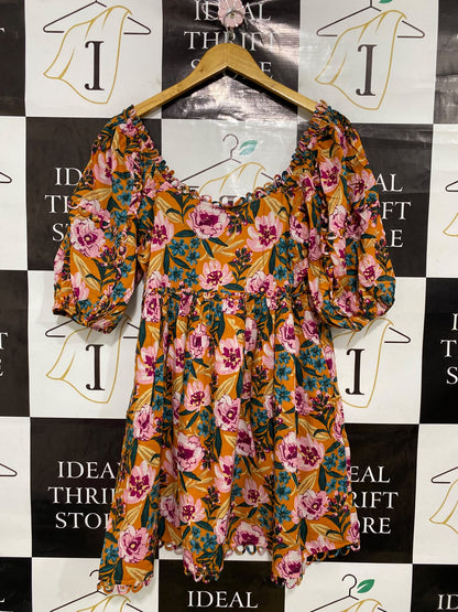 TOP SHOP |M| BUST 18| A43| MUSTARD FLORAL SCALLOPED TECHNICAL UTILITY DRESS