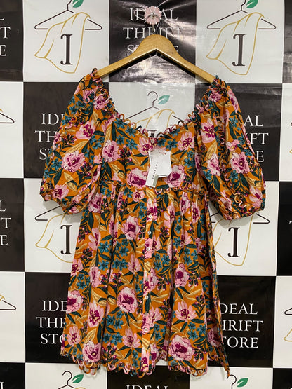 TOP SHOP |M| BUST 18| A43| MUSTARD FLORAL SCALLOPED TECHNICAL UTILITY DRESS