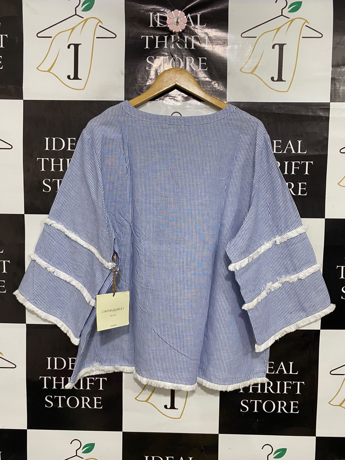 CYNTHIA ROWLEY |XL| BUST 25| A43| BLUE AND WHITE STRIPED FRINGED TECHNICAL UTILITY TOP