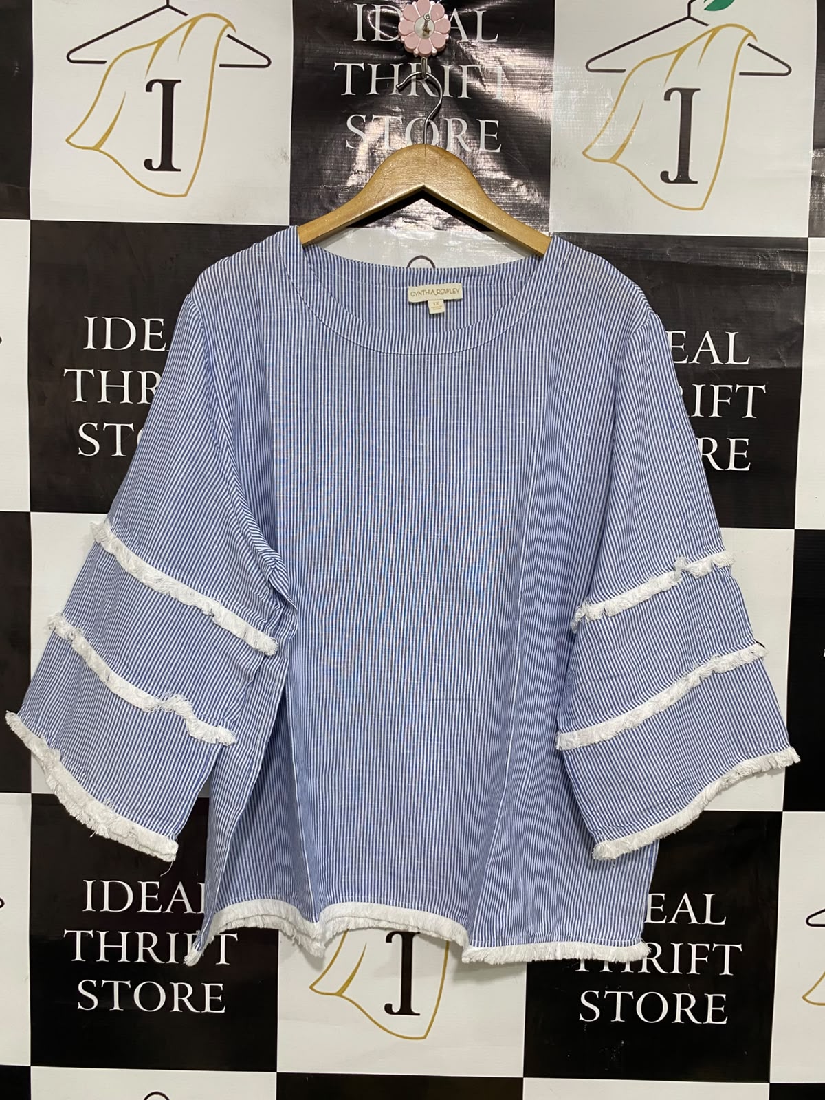 CYNTHIA ROWLEY |XL| BUST 25| A43| BLUE AND WHITE STRIPED FRINGED TECHNICAL UTILITY TOP