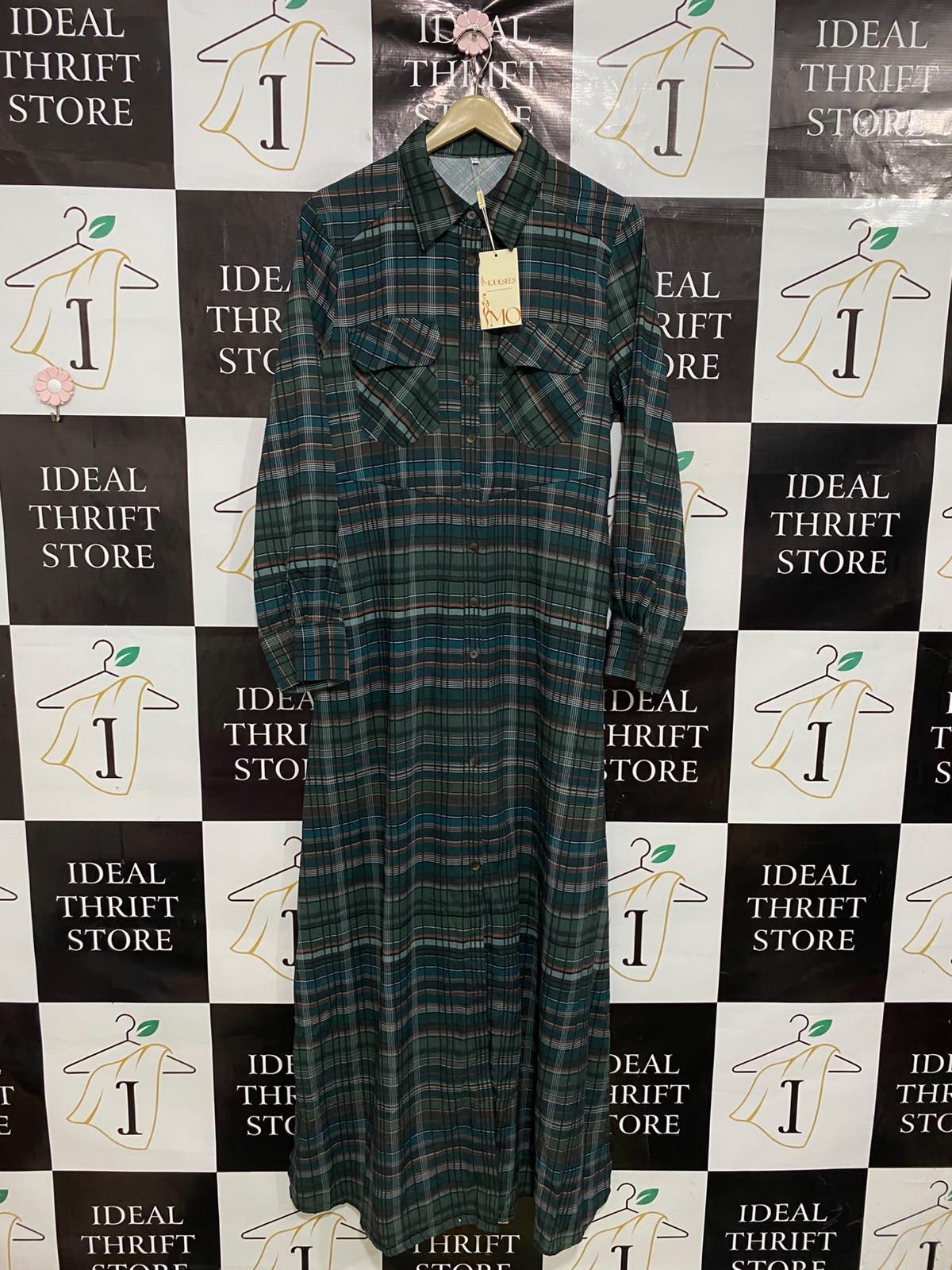 MODESEES |L| BUST 20| A43| PLAID TECHNICAL UTILITY SHIRT MAXI DRESS