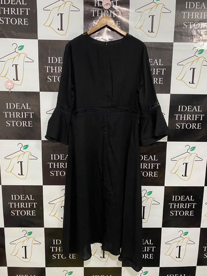 FANCY STUDIO |XL| BUST 22| A43| BLACK V-NECK LACE-TRIM TECHNICAL UTILITY MIDI DRESS