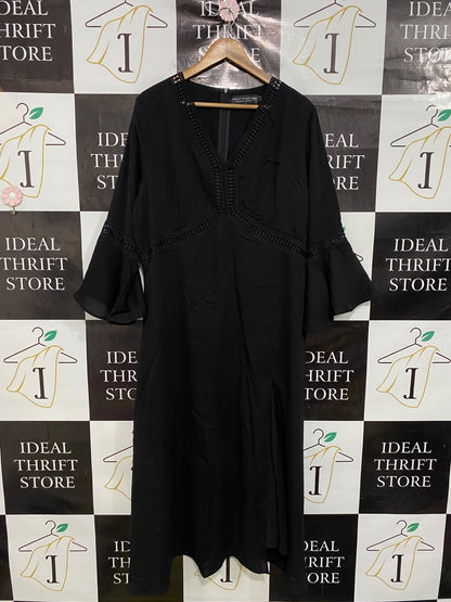 FANCY STUDIO |XL| BUST 22| A43| BLACK V-NECK LACE-TRIM TECHNICAL UTILITY MIDI DRESS