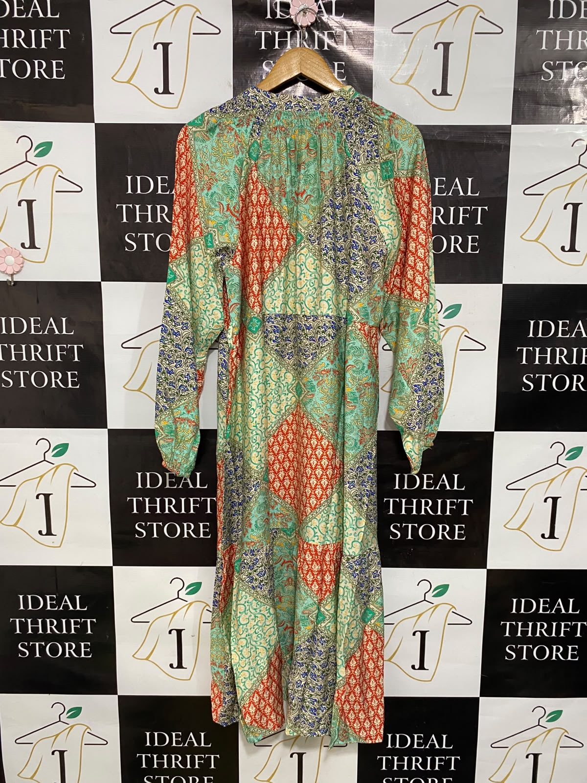 DELILAH |L| BUST 22| A43| BOHEMIAN PATCHWORK PRINT TECHNICAL UTILITY MIDI DRESS