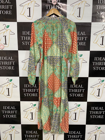 DELILAH |L| BUST 22| A43| BOHEMIAN PATCHWORK PRINT TECHNICAL UTILITY MIDI DRESS