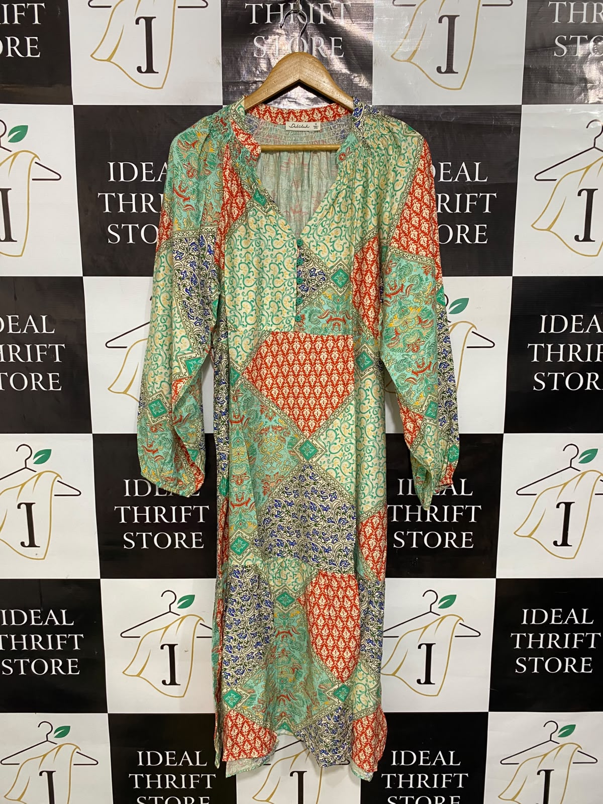 DELILAH |L| BUST 22| A43| BOHEMIAN PATCHWORK PRINT TECHNICAL UTILITY MIDI DRESS