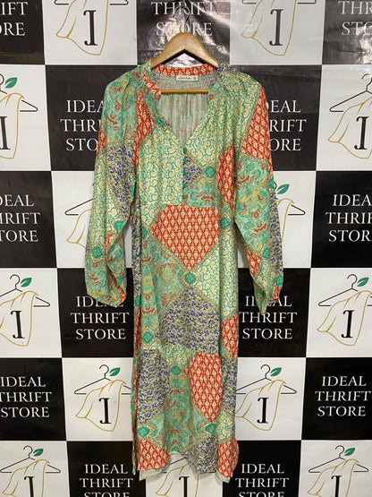 DELILAH |L| BUST 22| A43| BOHEMIAN PATCHWORK PRINT TECHNICAL UTILITY MIDI DRESS