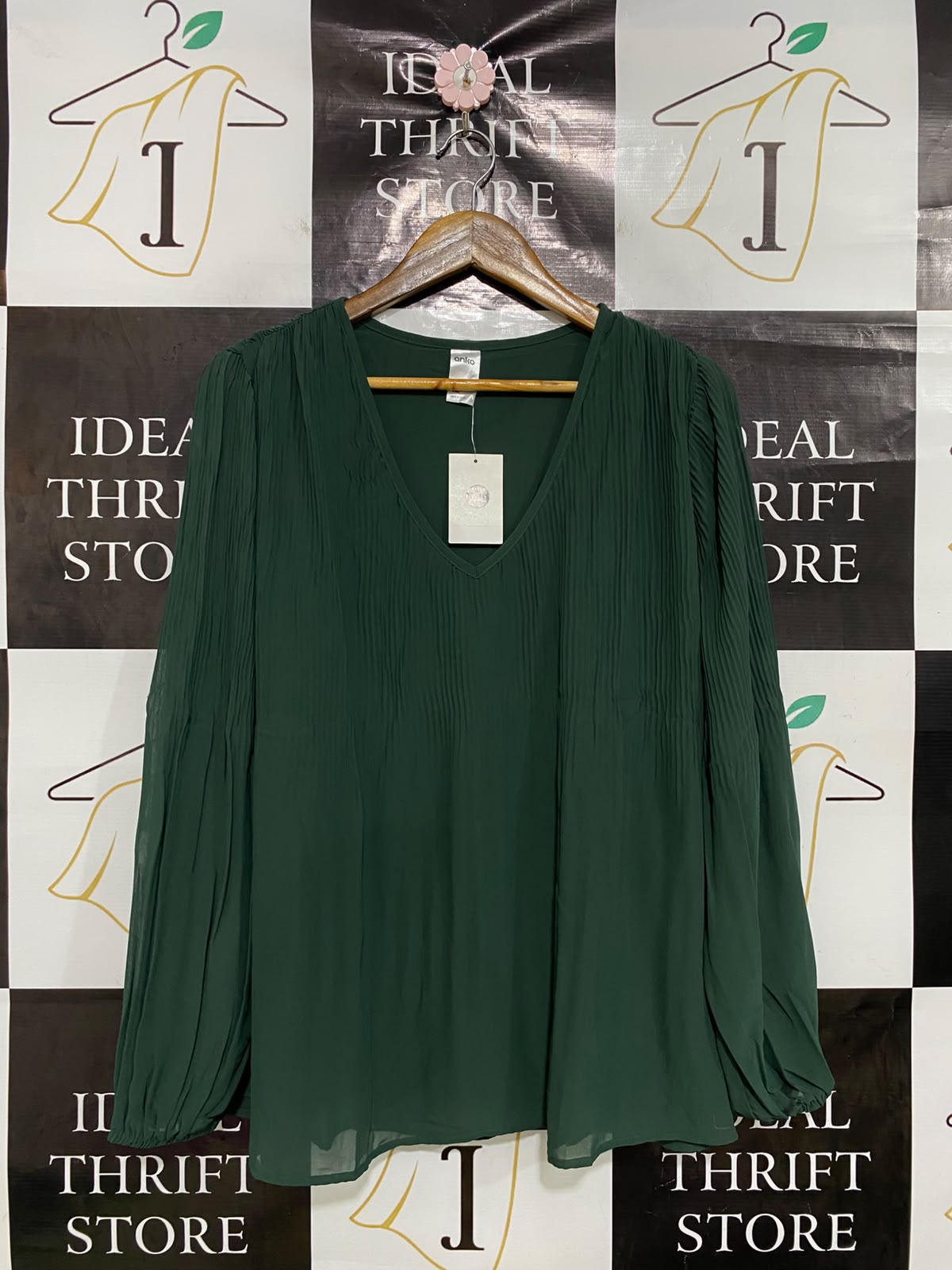 ANKO |M| BUST 21| A43| HUNTER GREEN PLEATED V-NECK TECHNICAL UTILITY BLOUSE