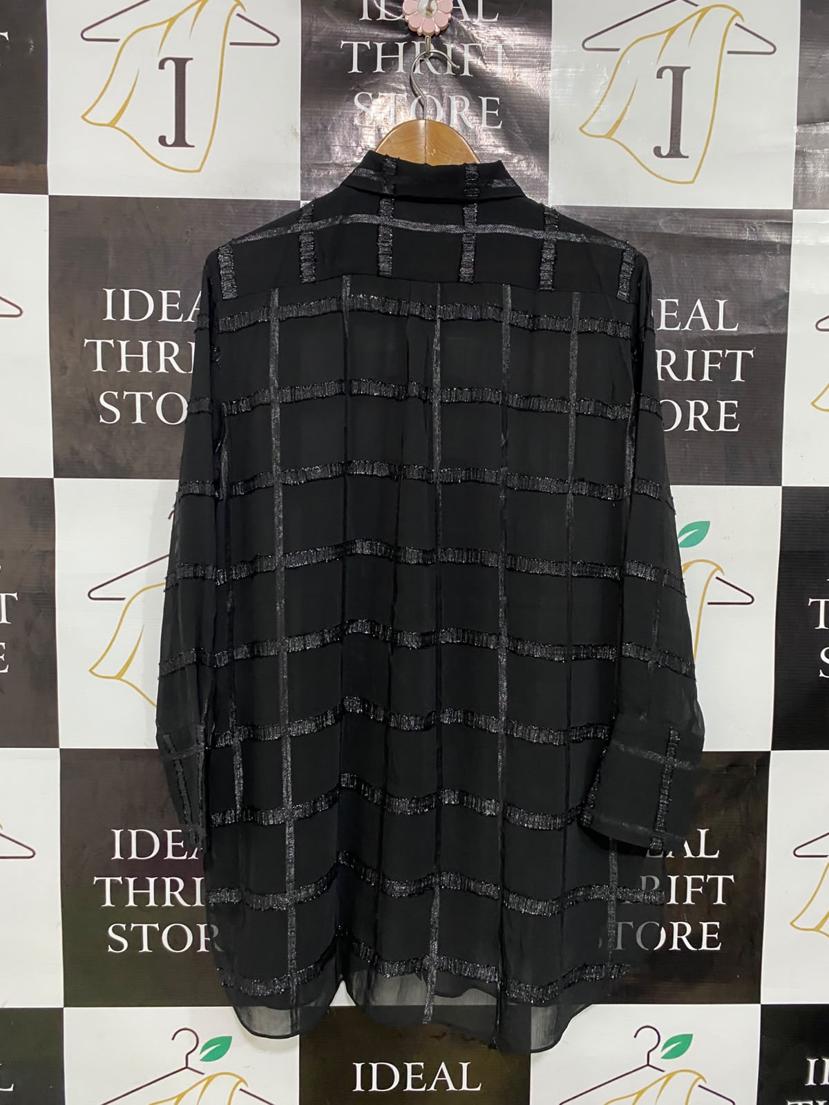 MALENE BIRGER |XL| BUST 23| A43| BLACK SHEER METALLIC CHECK TECHNICAL UTILITY TUNIC SHIRT