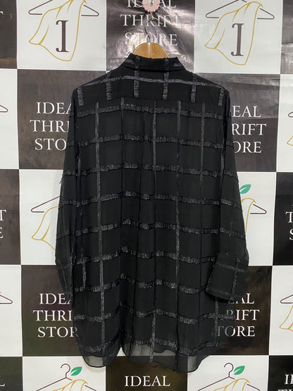 MALENE BIRGER |XL| BUST 23| A43| BLACK SHEER METALLIC CHECK TECHNICAL UTILITY TUNIC SHIRT