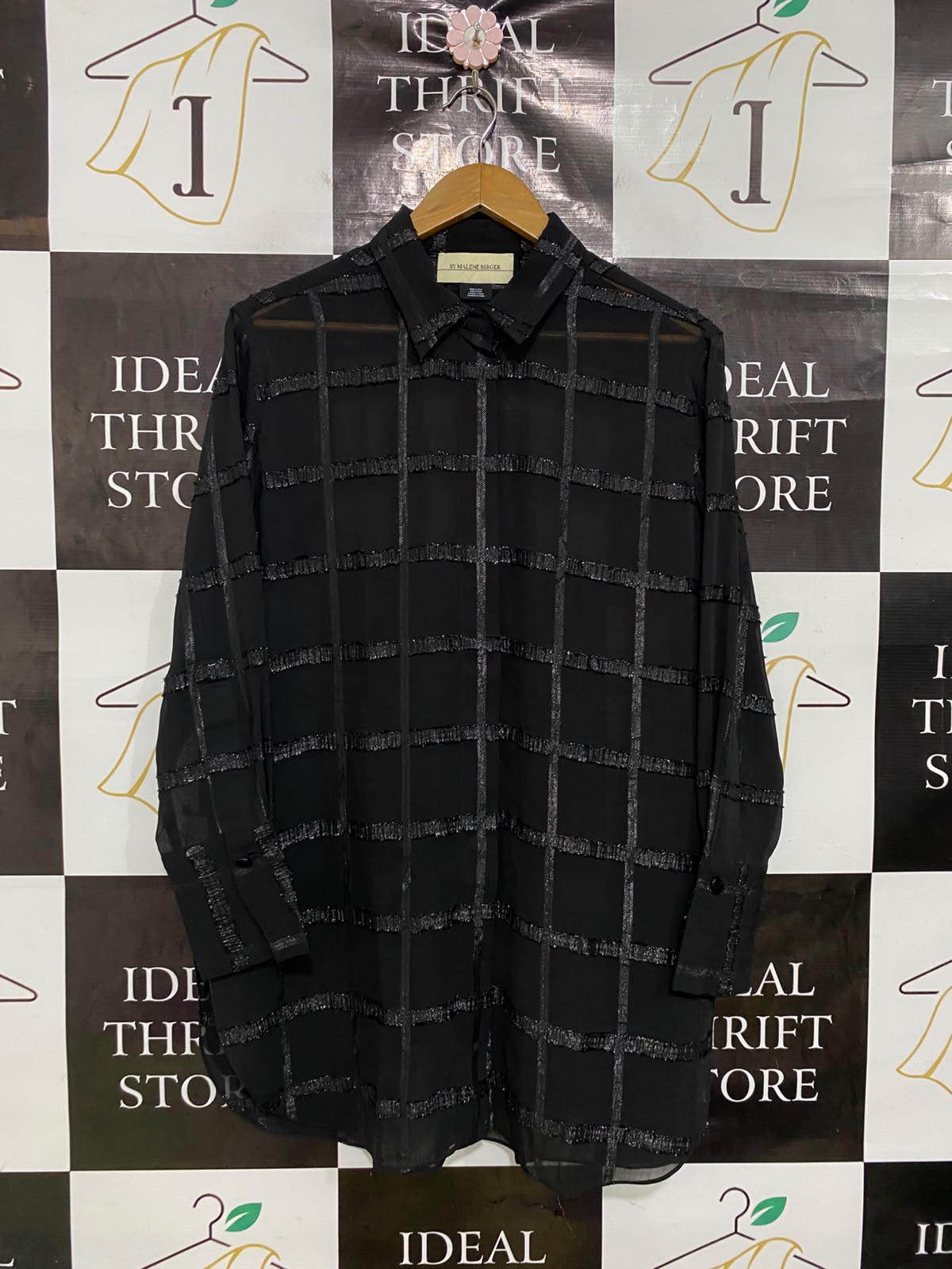 MALENE BIRGER |XL| BUST 23| A43| BLACK SHEER METALLIC CHECK TECHNICAL UTILITY TUNIC SHIRT