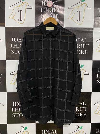 MALENE BIRGER |XL| BUST 23| A43| BLACK SHEER METALLIC CHECK TECHNICAL UTILITY TUNIC SHIRT
