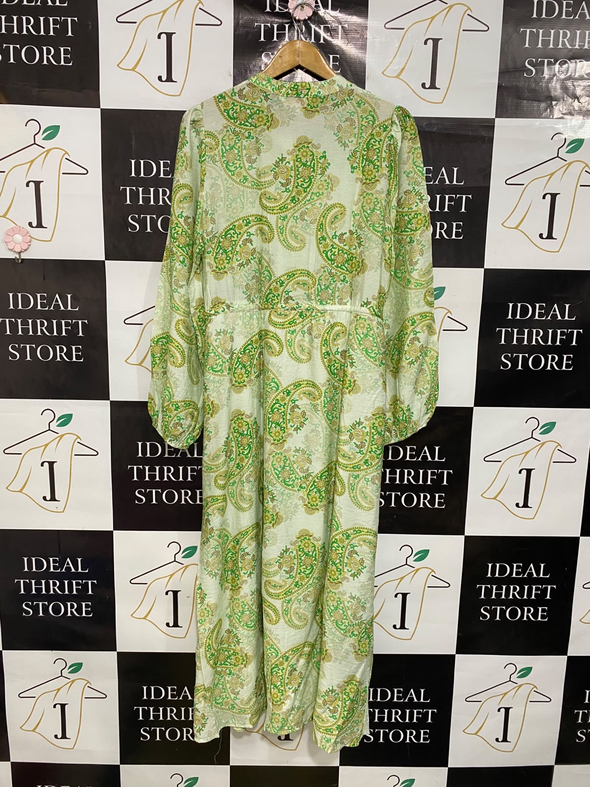 SUNNY GIRL |M| BUST 20| A43| SAGE GREEN AND GOLD PAISLEY PRINT TECHNICAL UTILITY MAXI DRESS