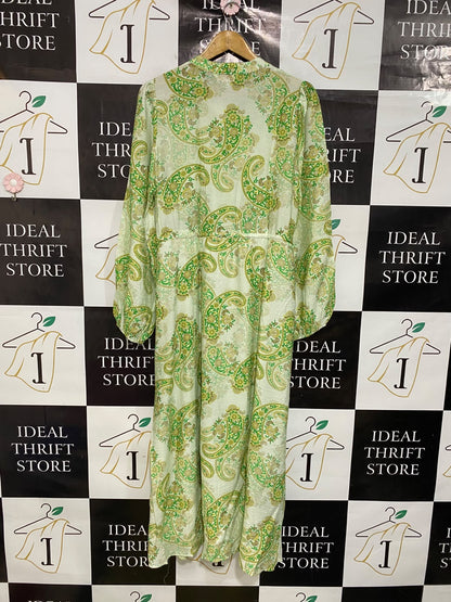 SUNNY GIRL |M| BUST 20| A43| SAGE GREEN AND GOLD PAISLEY PRINT TECHNICAL UTILITY MAXI DRESS