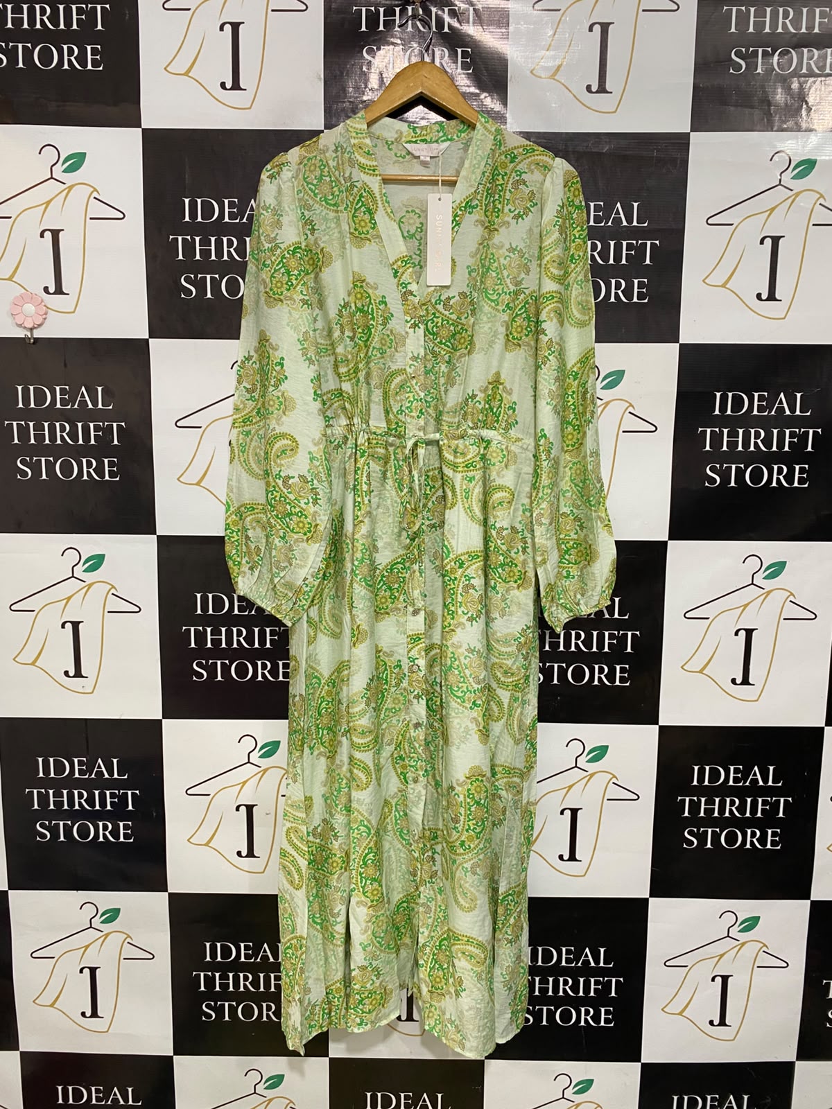 SUNNY GIRL |M| BUST 20| A43| SAGE GREEN AND GOLD PAISLEY PRINT TECHNICAL UTILITY MAXI DRESS