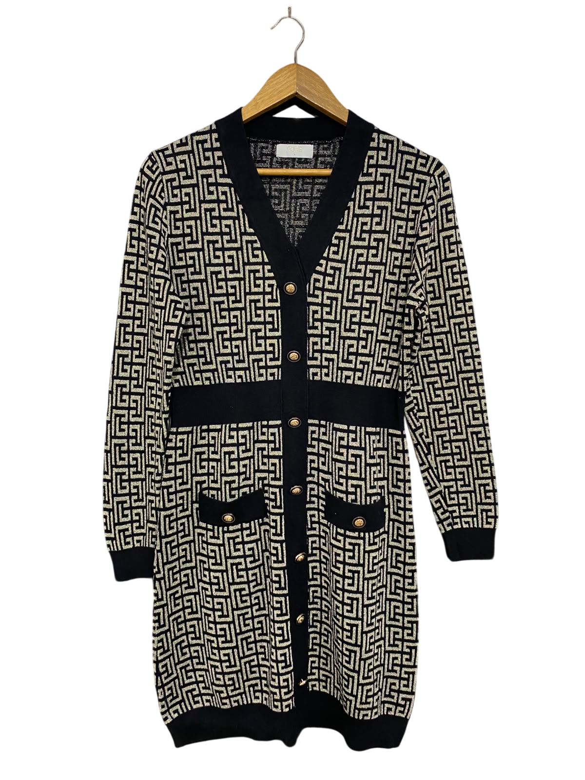 QUIZ |L| BUST 19| A44| BLACK AND BEIGE GEOMETRIC JACQUARD KNIT CARDIGAN DRESS