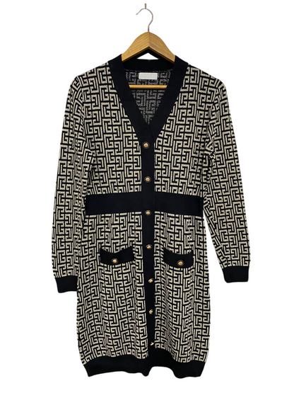 QUIZ |L| BUST 19| A44| BLACK AND BEIGE GEOMETRIC JACQUARD KNIT CARDIGAN DRESS