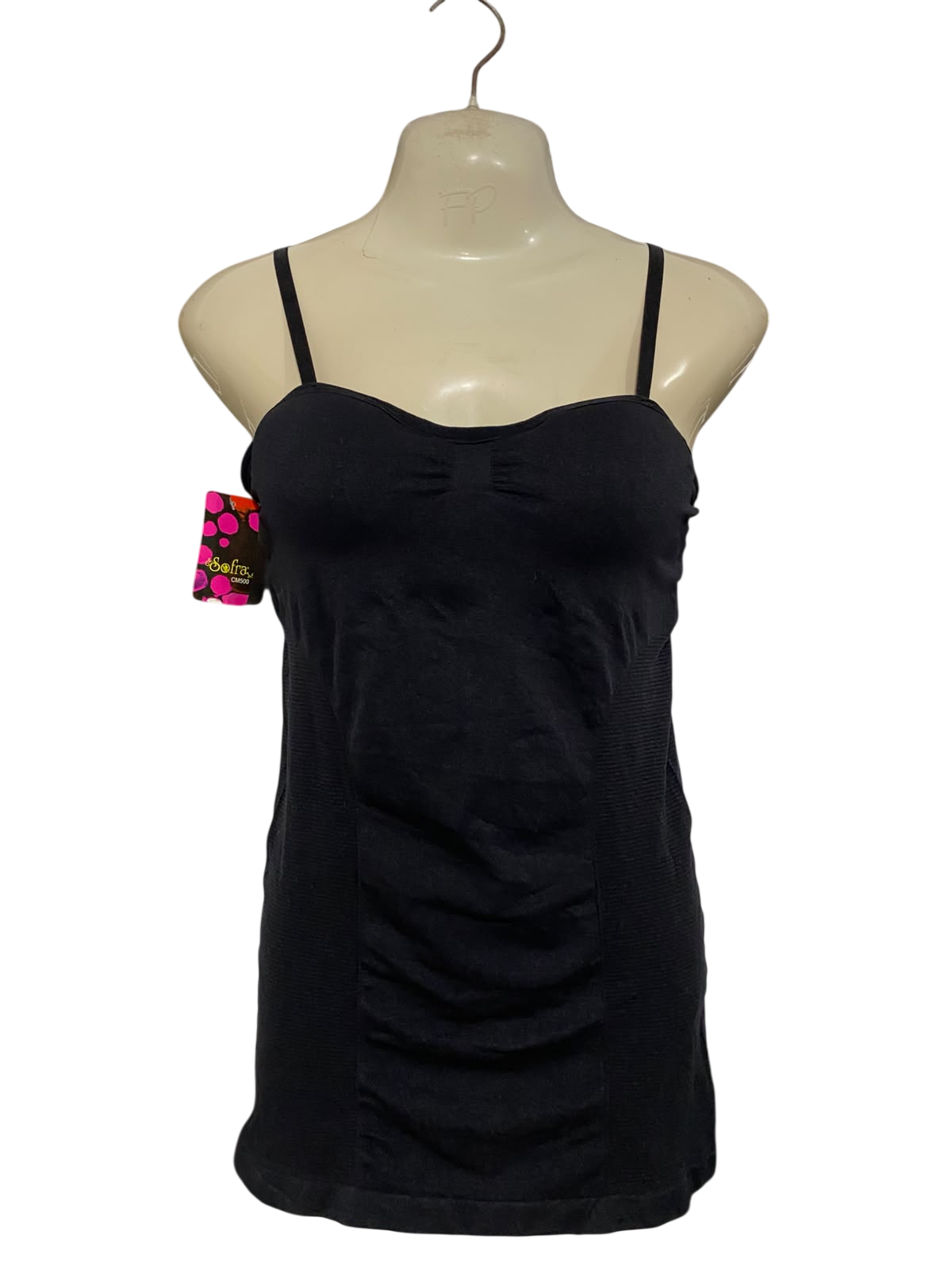 SOFRA |S| BUST 15| A44| BLACK SEAMLESS SPAGHETTI STRAP TECHNICAL UTILITY CAMISOLE