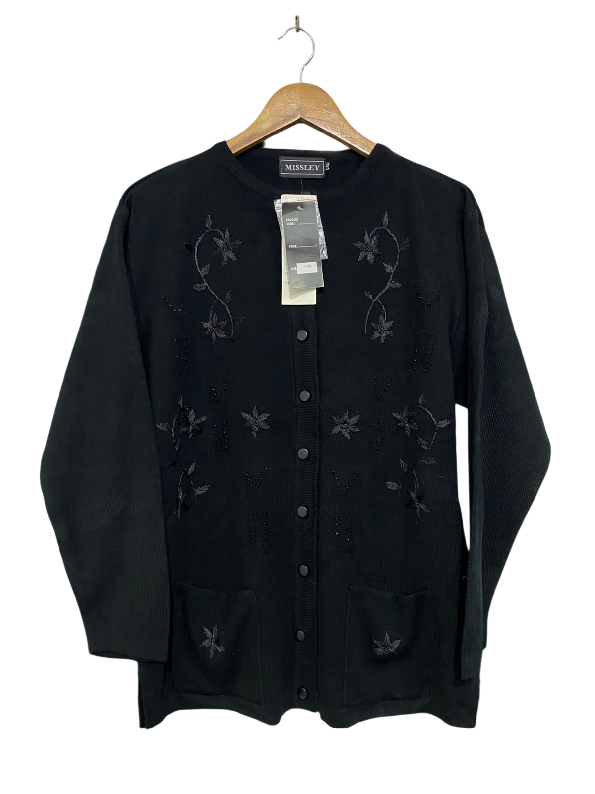 MISSLEY |L/XL| BUST 21| A44| BLACK EMBROIDERED BUTTON-DOWN TECHNICAL UTILITY CARDIGAN