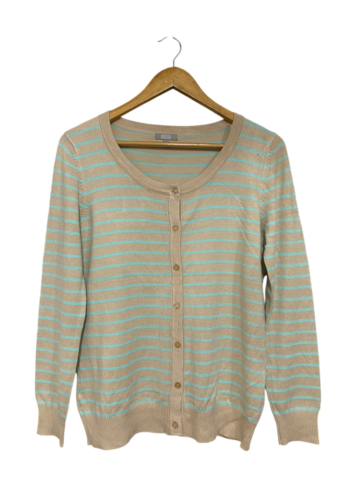 SES |M| BUST 19| A44| BEIGE AND BLUE STRIPED BUTTON-DOWN TECHNICAL UTILITY CARDIGAN