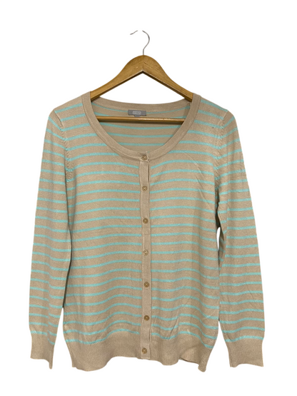 SES |M| BUST 19| A44| BEIGE AND BLUE STRIPED BUTTON-DOWN TECHNICAL UTILITY CARDIGAN