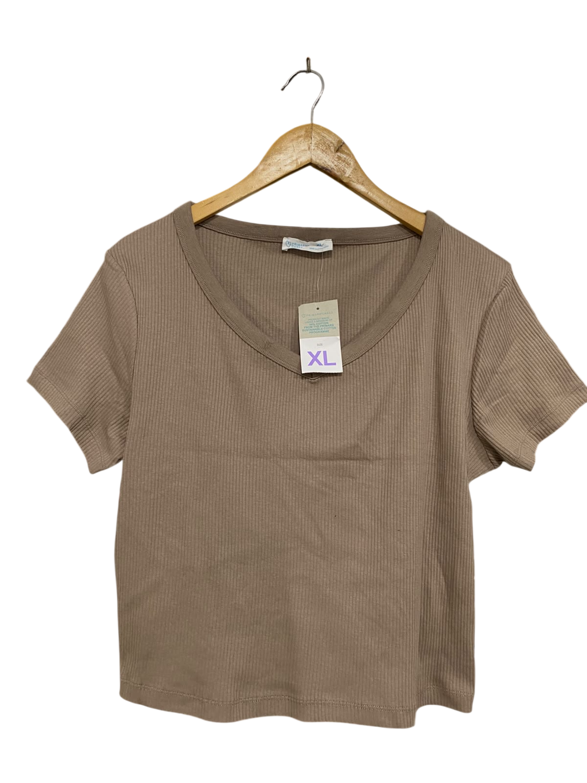 PRIMARK CARES |XL| BUST 20| A44| TAUPE RIBBED V-NECK TECHNICAL UTILITY CROP TOP
