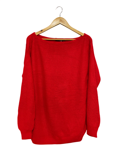 BOOHOO |L| BUST 22| A44| RED BOAT-NECK OVERSIZED RIBBED TECHNICAL UTILITY KNIT SWEATER
