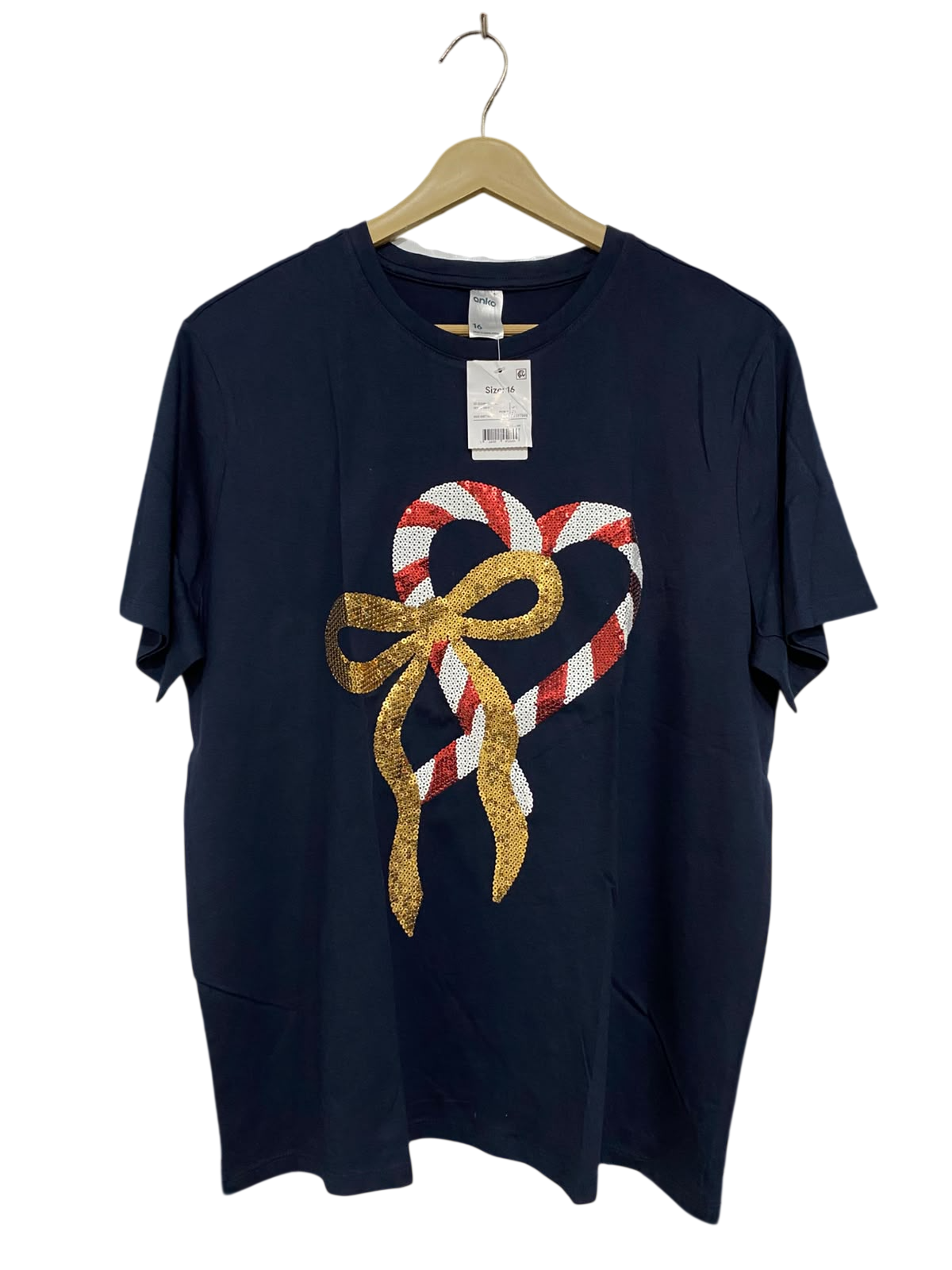 ANKO |L| BUST 21| A44| NAVY SEQUIN HEART AND BOW TECHNICAL UTILITY T-SHIRT