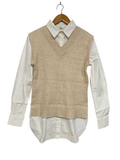 NEXT |XS| BUST 16| A45| BEIGE V-NECK SWEATER VEST AND WHITE SHIRT LAYERED TECHNICAL UTILITY TOP