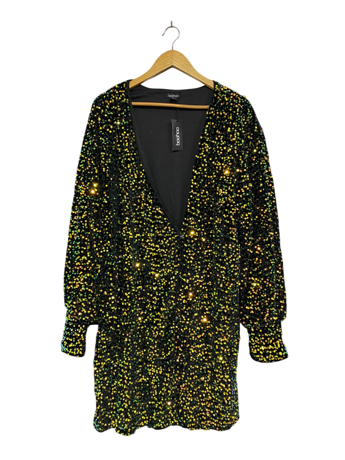 BOOHOO |XL| BUST 27| A45| BLACK AND GOLD SEQUIN TECHNICAL UTILITY MINI DRESS