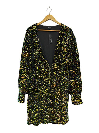 BOOHOO |XL| BUST 27| A45| BLACK AND GOLD SEQUIN TECHNICAL UTILITY MINI DRESS