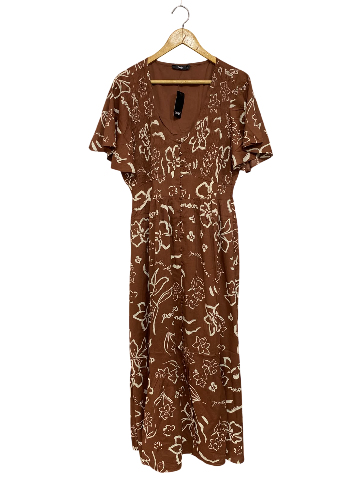 SPORTS GIRL |L| BUST 19| A45| BROWN AND CREAM FLORAL SCRIPT V-NECK TECHNICAL UTILITY MAXI DRESS