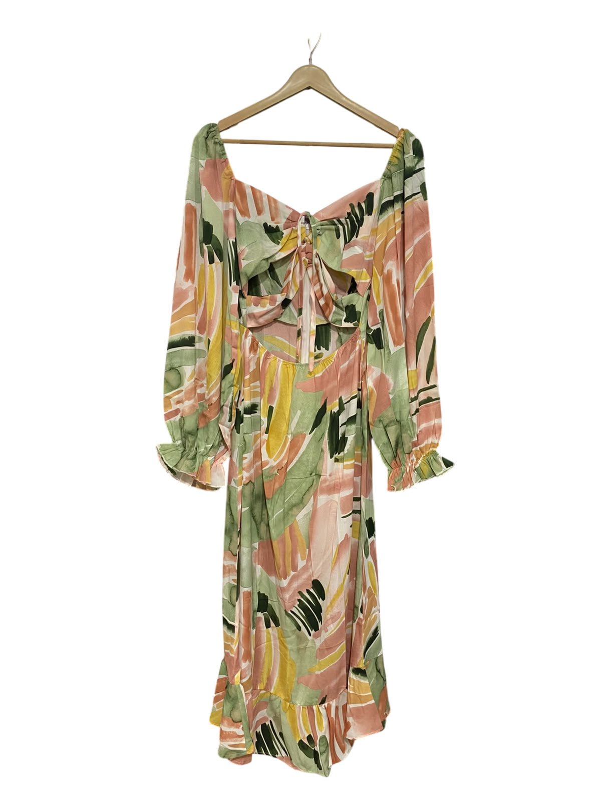 |M| BUST 16| A45| PASTEL ABSTRACT PRINT CUT-OUT TECHNICAL UTILITY MIDI DRESS