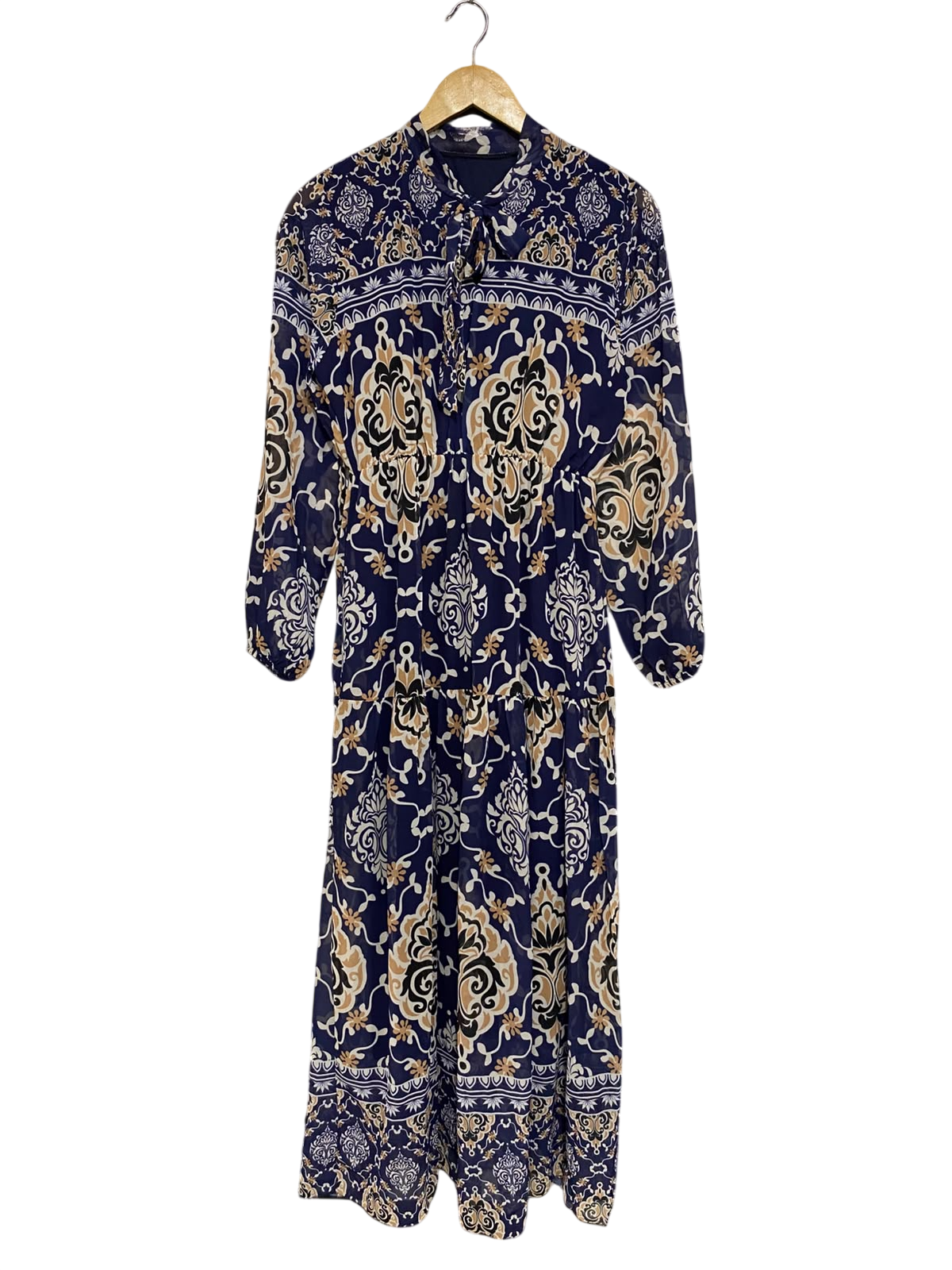 |M| BUST 18| A45| NAVY AND GOLD DAMASK PRINT TIE-NECK TECHNICAL UTILITY MAXI DRESS