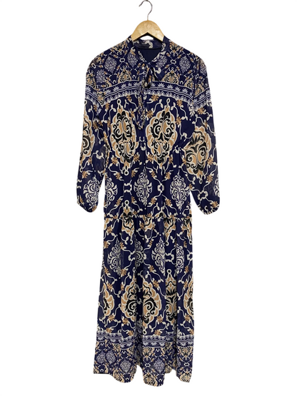|M| BUST 18| A45| NAVY AND GOLD DAMASK PRINT TIE-NECK TECHNICAL UTILITY MAXI DRESS