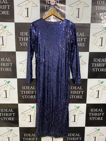 POLAND |M| BUST 18| A45| NAVY BLUE SEQUIN TECHNICAL UTILITY MIDI DRESS