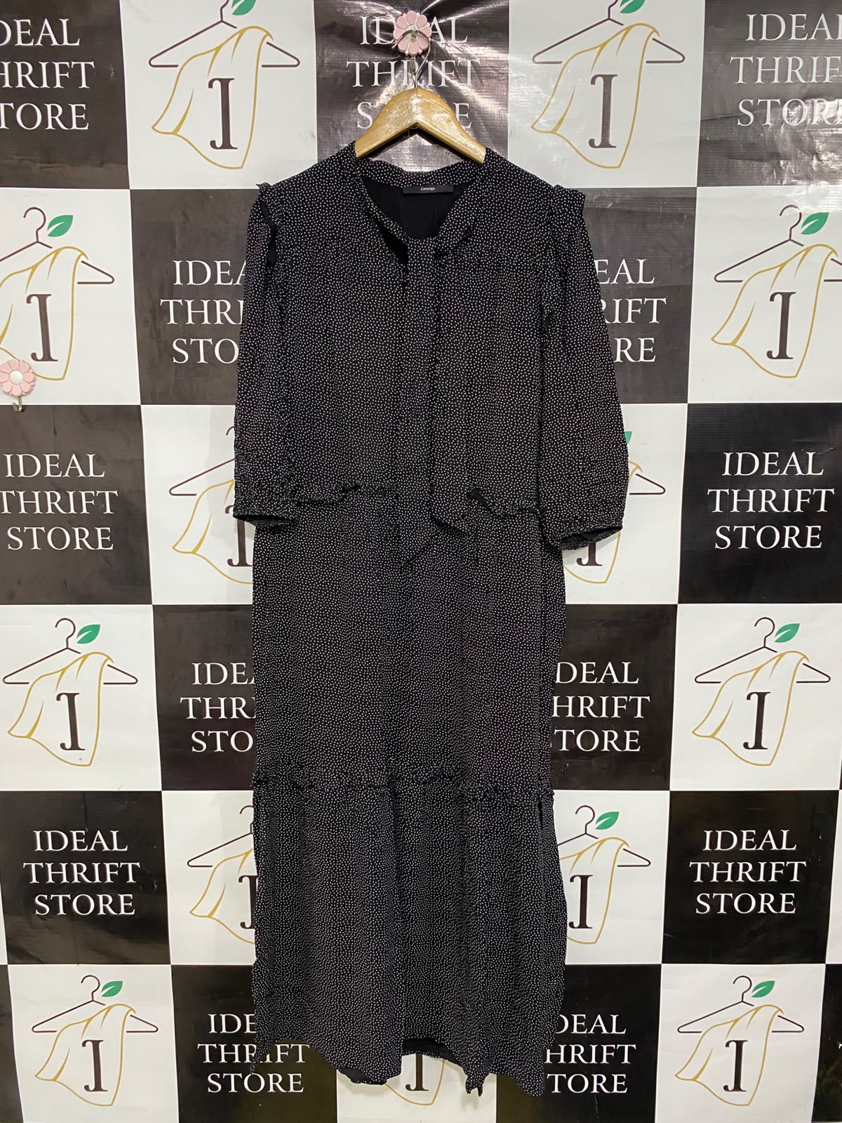 GEORGE |L| BUST 19| A45| BLACK AND WHITE POLKA DOT TIE-NECK TECHNICAL UTILITY MIDI DRESS