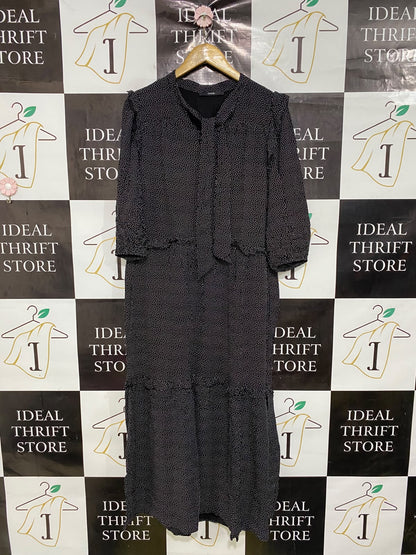 GEORGE |L| BUST 19| A45| BLACK AND WHITE POLKA DOT TIE-NECK TECHNICAL UTILITY MIDI DRESS