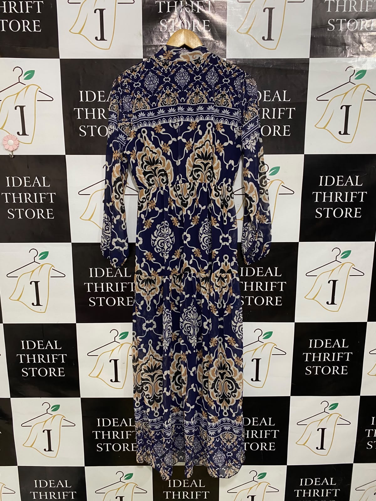 |M| BUST 18| A45| NAVY AND GOLD DAMASK PRINT TIE-NECK TECHNICAL UTILITY MAXI DRESS
