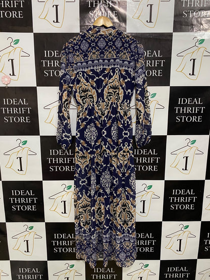 |M| BUST 18| A45| NAVY AND GOLD DAMASK PRINT TIE-NECK TECHNICAL UTILITY MAXI DRESS
