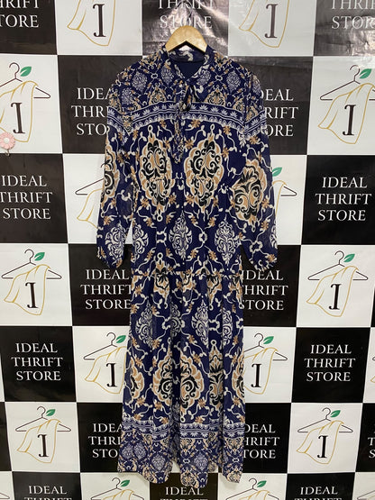 |M| BUST 18| A45| NAVY AND GOLD DAMASK PRINT TIE-NECK TECHNICAL UTILITY MAXI DRESS