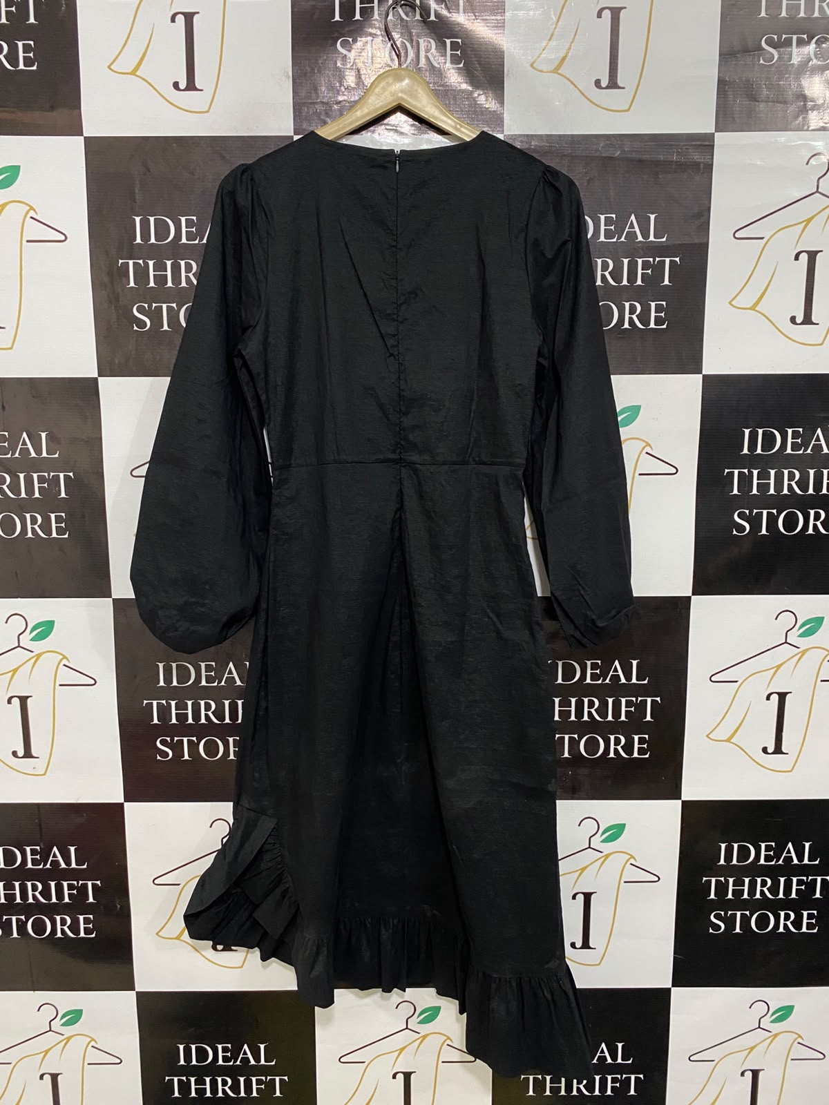 AND LESS |M| BUST 17| A45| BLACK LONG-SLEEVE RUFFLE-HEM TECHNICAL UTILITY MIDI DRESS