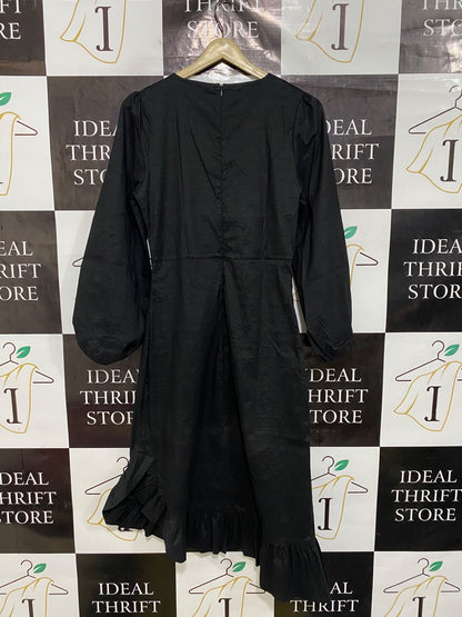 AND LESS |M| BUST 17| A45| BLACK LONG-SLEEVE RUFFLE-HEM TECHNICAL UTILITY MIDI DRESS