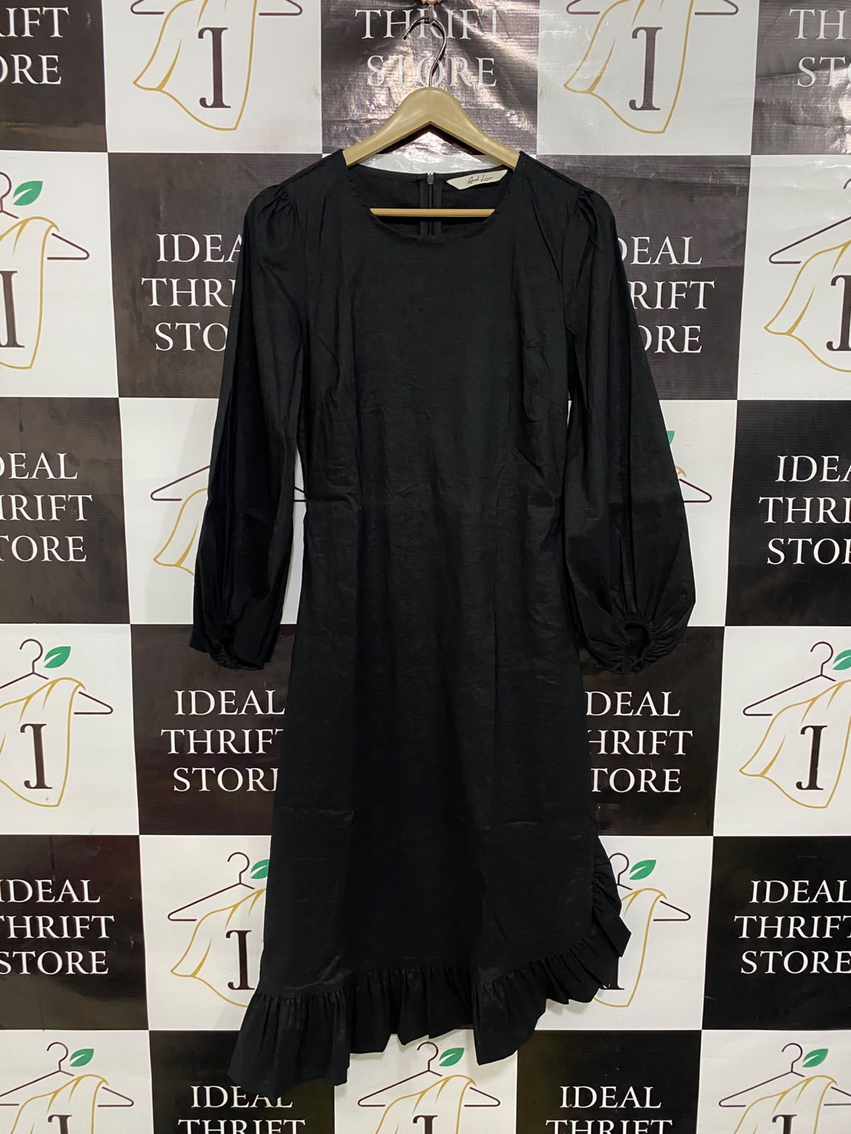 AND LESS |M| BUST 17| A45| BLACK LONG-SLEEVE RUFFLE-HEM TECHNICAL UTILITY MIDI DRESS