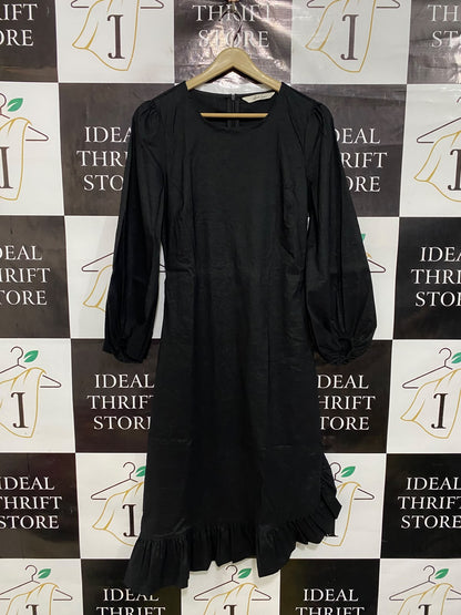AND LESS |M| BUST 17| A45| BLACK LONG-SLEEVE RUFFLE-HEM TECHNICAL UTILITY MIDI DRESS