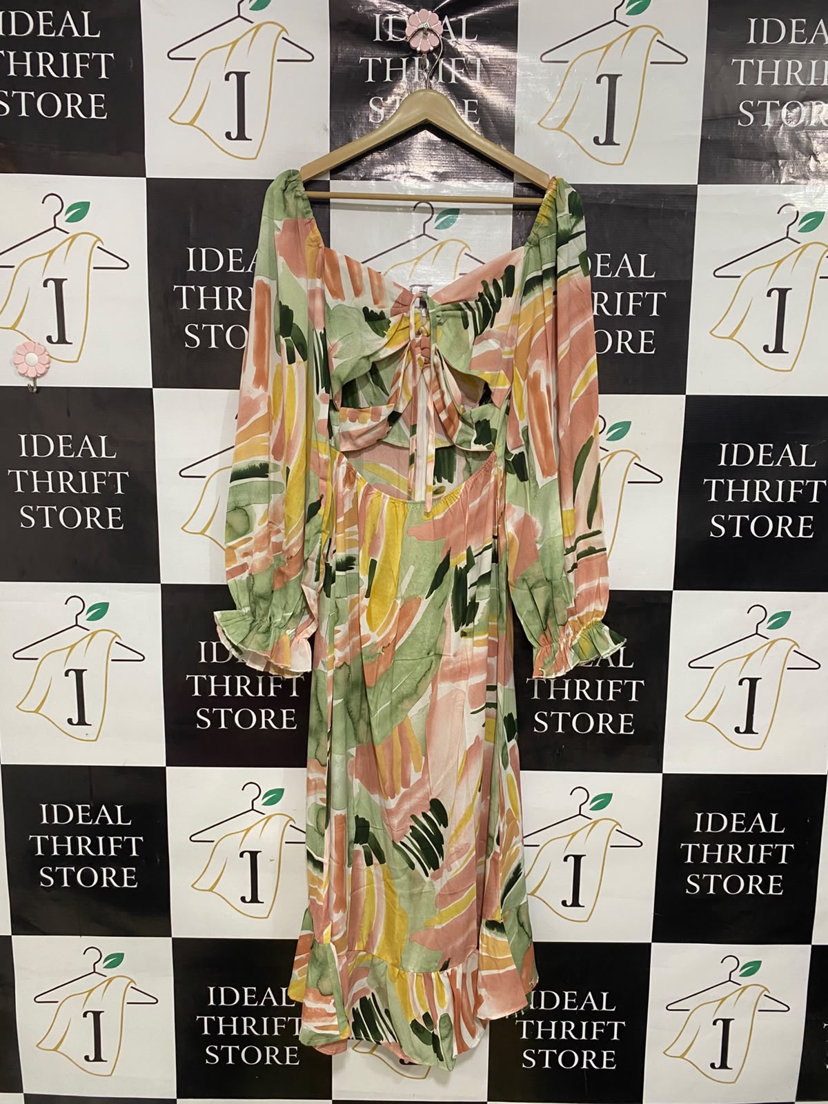 |M| BUST 16| A45| PASTEL ABSTRACT PRINT CUT-OUT TECHNICAL UTILITY MIDI DRESS