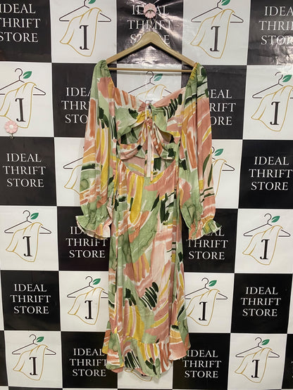 |M| BUST 16| A45| PASTEL ABSTRACT PRINT CUT-OUT TECHNICAL UTILITY MIDI DRESS