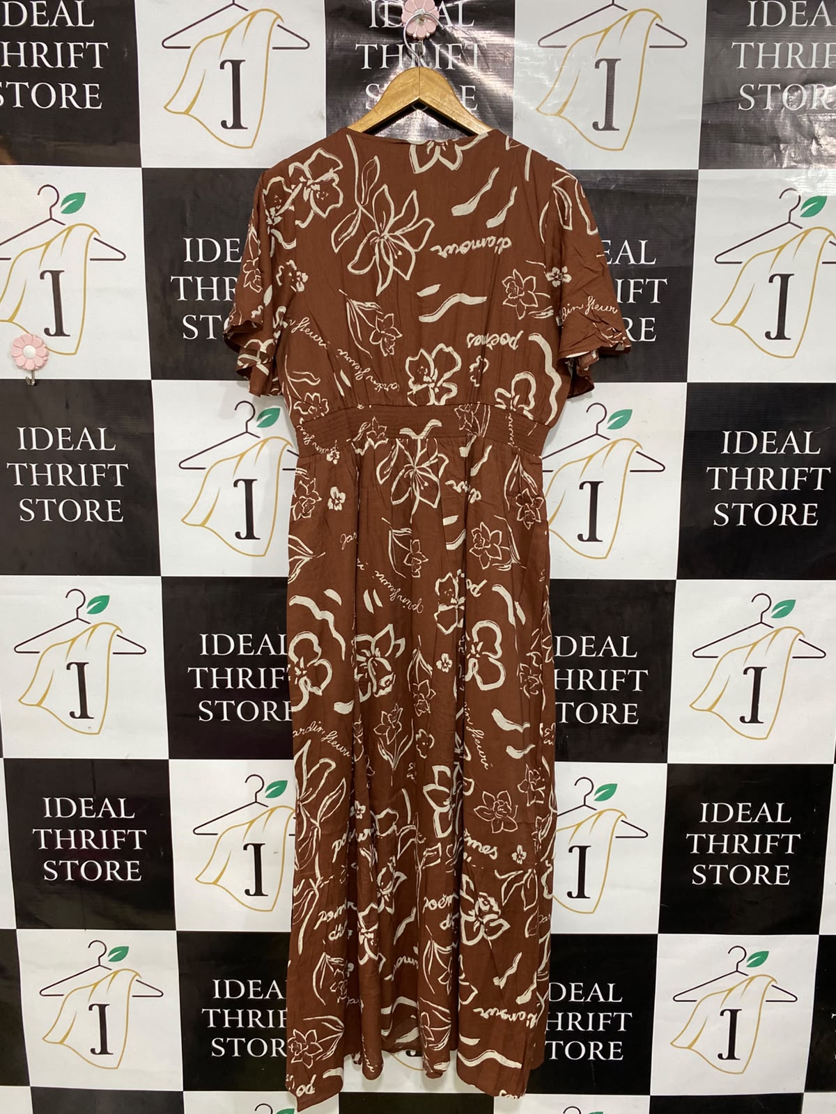 SPORTS GIRL |L| BUST 19| A45| BROWN AND CREAM FLORAL SCRIPT V-NECK TECHNICAL UTILITY MAXI DRESS