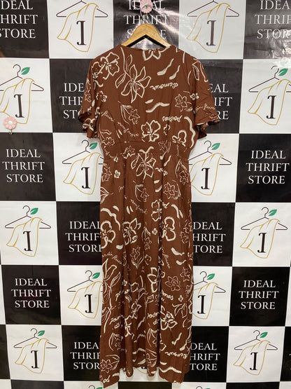 SPORTS GIRL |L| BUST 19| A45| BROWN AND CREAM FLORAL SCRIPT V-NECK TECHNICAL UTILITY MAXI DRESS